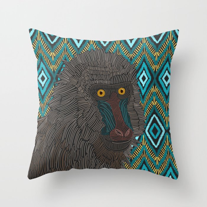 Mandrill on Aztec pattern background Throw Pillow