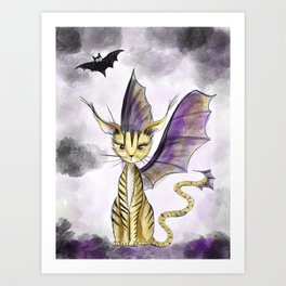 "Bat Cat" Mystical Cat Creature - Cat with Bat Wings Drawing Art Print