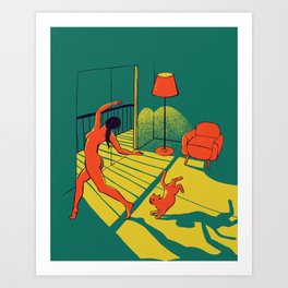Dancing with the cat | Moody sunset light and shadows Aesthetic Green room Naked dance Femme Fatale  Art Print
