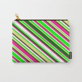 [ Thumbnail: Eye-catching Deep Pink, White, Lime, Tan & Dark Green Colored Lined/Striped Pattern Carry-All Pouch ]