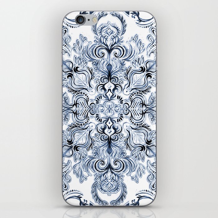 Indigo, Navy Blue and White Calligraphy Doodle Pattern iPhone Skin