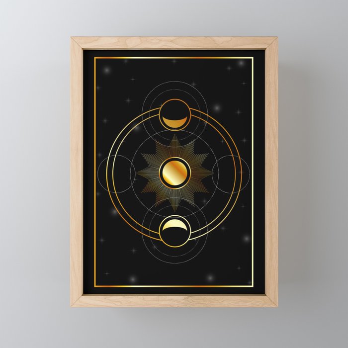 Sun and waxing and waning golden moons in space Framed Mini Art Print