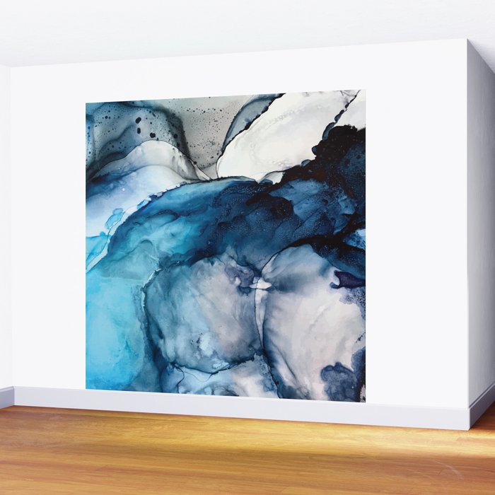 White Sand Blue Sea Alcohol Ink Painting Wall Mural By