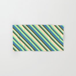 [ Thumbnail: Green, Blue, Dark Olive Green, and Bisque Colored Striped/Lined Pattern Hand & Bath Towel ]