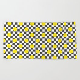Retro smiley face checker board square pattern Beach Towel