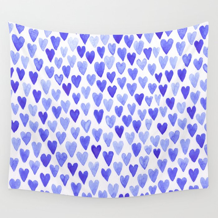 Watercolor Hearts - Blue Wall Tapestry