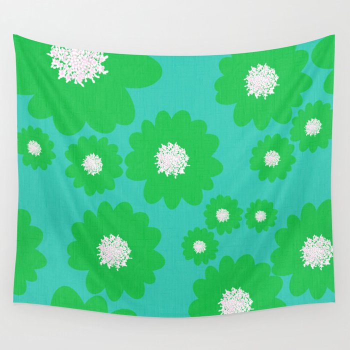 Cheerful Green Retro Modern Flowers On Turquoise Wall Tapestry
