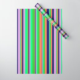 [ Thumbnail: Vibrant Lime Green, Coral, Midnight Blue, Plum, and Green Colored Lines/Stripes Pattern Wrapping Paper ]