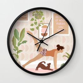 Yoga Girl Power with cat & plants Wall Clock | Curated, Love, Cat, Good, Yoga, Power, Motivational, Women Empowerment, Vibes, Illustration 