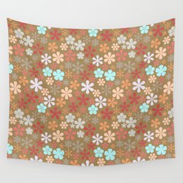 brown and powder blue floral eclectic daisy print ditsy florets Wall Tapestry