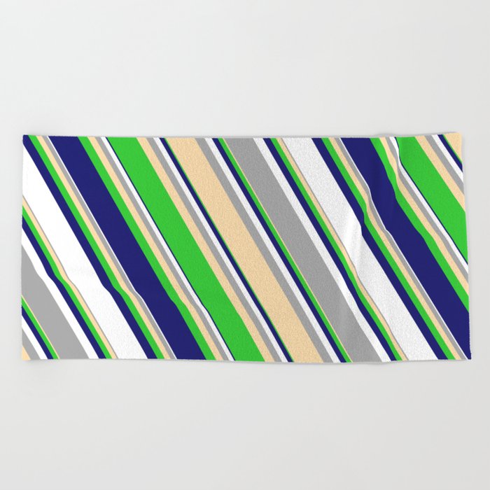Eyecatching Dark Grey, Tan, Lime Green, Midnight Blue, and White Colored Pattern of Stripes Beach Towel