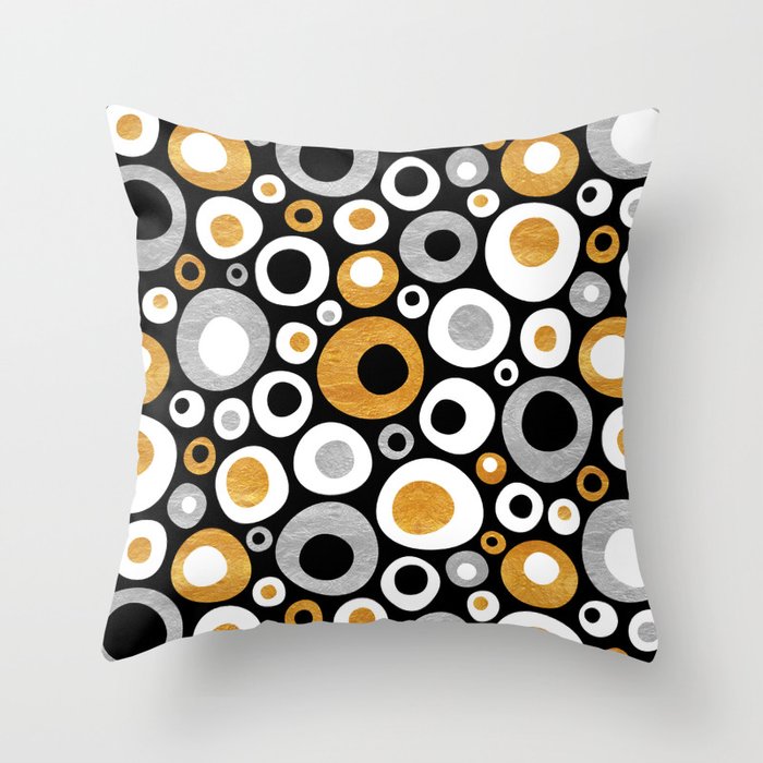 Mid Century Modern Circles in Black, White, Gold and Silver Throw Pillow
