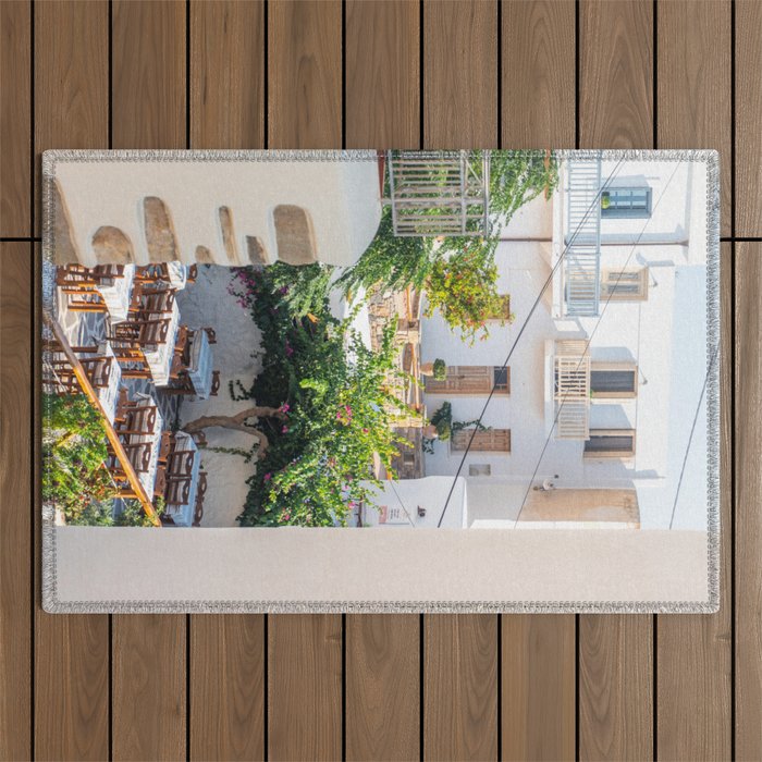 Mediterranean Greek Restaurant in the Sun | Summer Travel Photography in Greece, South of Europe | City View Outdoor Rug