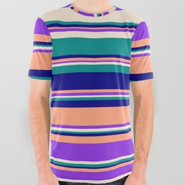 [ Thumbnail: Eyecatching Light Salmon, Purple, Beige, Dark Cyan & Blue Colored Lined/Striped Pattern All Over Graphic Tee ]
