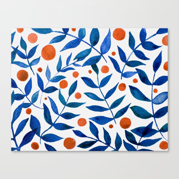Watercolor berries and branches - blue and orange Canvas Print
