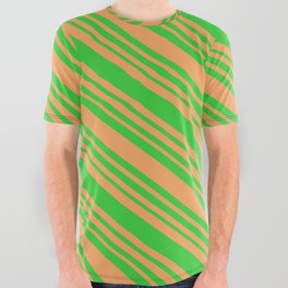 [ Thumbnail: Brown & Lime Green Colored Striped/Lined Pattern All Over Graphic Tee ]