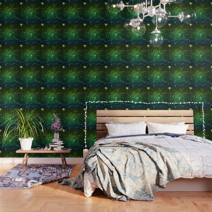 Glitter Galaxy Stars Green Teal Ombre Wallpaper