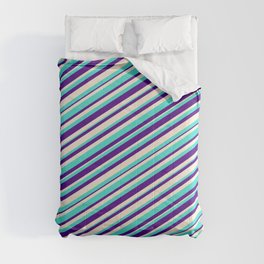 [ Thumbnail: Turquoise, Indigo, and Beige Colored Lines/Stripes Pattern Comforter ]