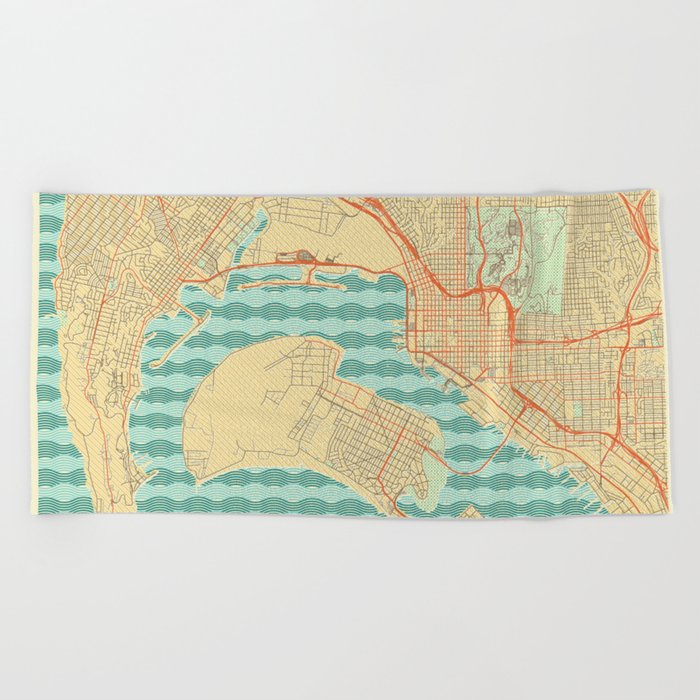 San Diego Map Retro Beach Towel