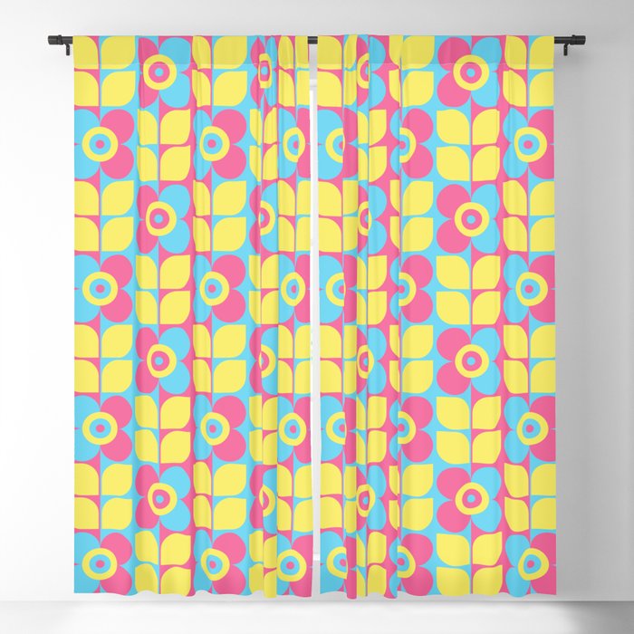 Retro Modern 60s / 70s Yellow Blue Pink Colourful Flowers Blackout Curtain