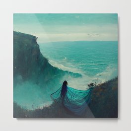 Woman on ocean cliff Metal Print