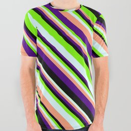 [ Thumbnail: Green, Light Cyan, Light Salmon, Indigo, and Black Colored Lined Pattern All Over Graphic Tee ]