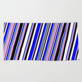 [ Thumbnail: Blue, Light Slate Gray, Plum, Black & White Colored Stripes/Lines Pattern Beach Towel ]