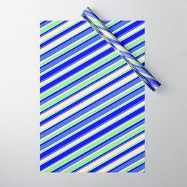[ Thumbnail: Light Green, Blue, Royal Blue & Beige Colored Striped/Lined Pattern Wrapping Paper ]