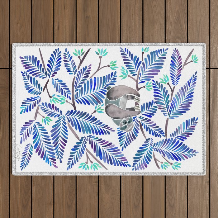 Happy Sloth – Tropical Blue Leaves Outdoor Rug