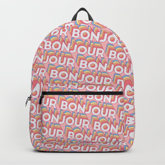 'Bonjour' Trendy Rainbow Text Pattern (Pink) Backpack