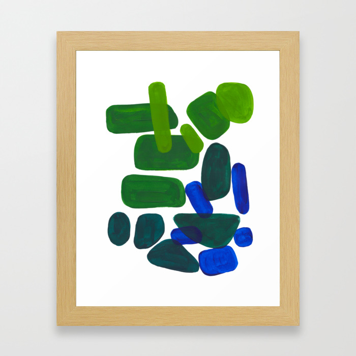 Mid Century Vintage Abstract Minimalist Colorful Pop Art Phthalo Blue Lime Green Pebble Shapes Framed Art Print