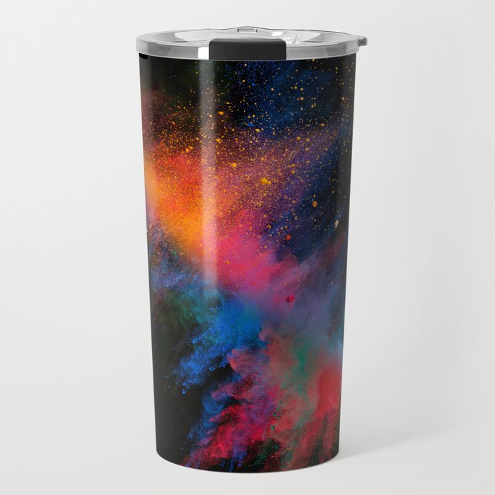 Launched colorful powder on black background Travel Mug