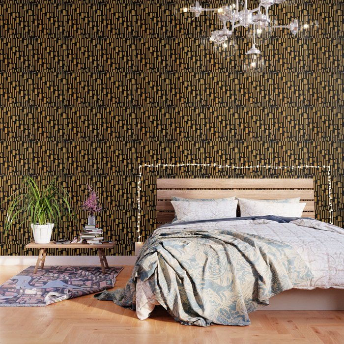 Abstract Bamboo Black Gold Mid Century Modern Wallpaper By Anutu