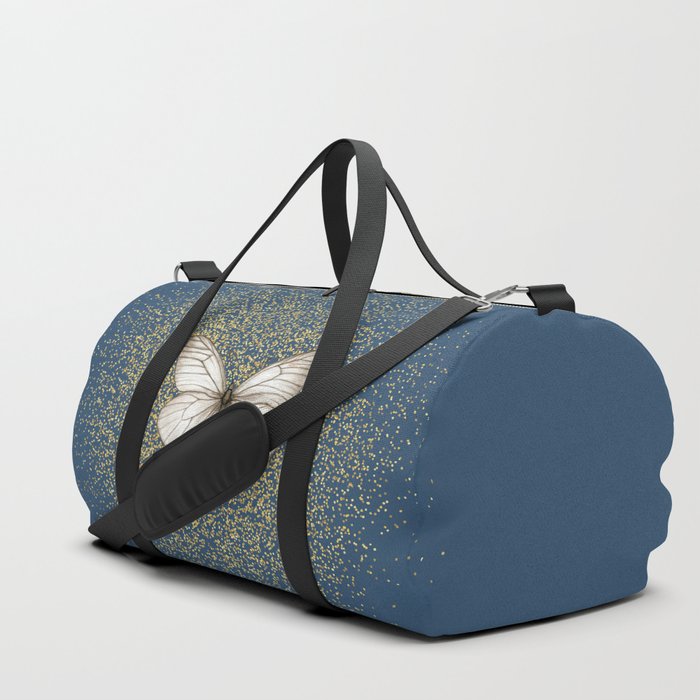 Hand-Drawn Butterfly and Golden Fairy Dust on Pastel Navy Blue Duffle Bag