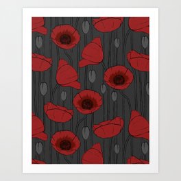 Pretty Poppies Field, Handmade Floral Poppy Drawing, Wildflowers Pattern in Red, Grey and Black Art Print
