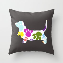 Basset Hound Colorful Dog Paw Print  Throw Pillow