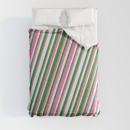 [ Thumbnail: Forest Green, Hot Pink, and Light Cyan Colored Stripes/Lines Pattern Comforter ]