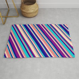 [ Thumbnail: Light Coral, Bisque, Purple, Dark Blue, and Dark Turquoise Colored Lined/Striped Pattern Rug ]