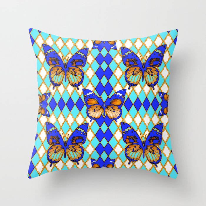 ARGYLE ABSTRACTED  BROWN SPICE  MONARCHS BUTTERFLY & BLUE-WHITE Throw Pillow