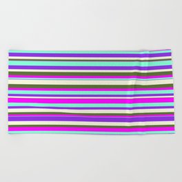 [ Thumbnail: Vibrant Aquamarine, Purple, Beige, Dark Olive Green & Fuchsia Colored Stripes Pattern Beach Towel ]