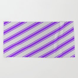 [ Thumbnail: Light Grey & Purple Colored Lined Pattern Beach Towel ]