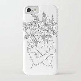 Woman with peonies line art iPhone Case
