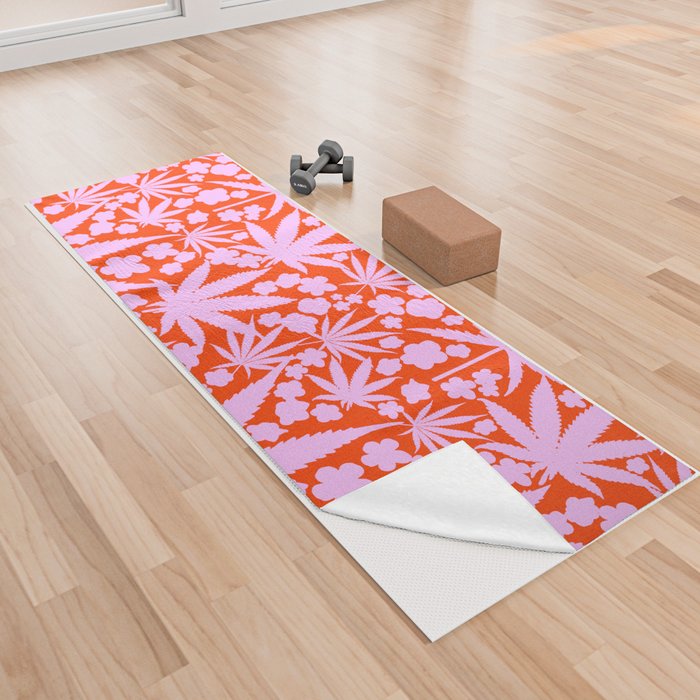 Retro Modern Cannabis Leaves And Flowers In Pastel Pink On Cherry Red Floral Botanical Pattern Yoga Towel