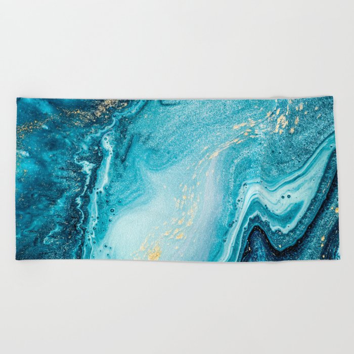 Aquamarine and Cerulean + Gold Flecked Abstract Ripples Beach Towel