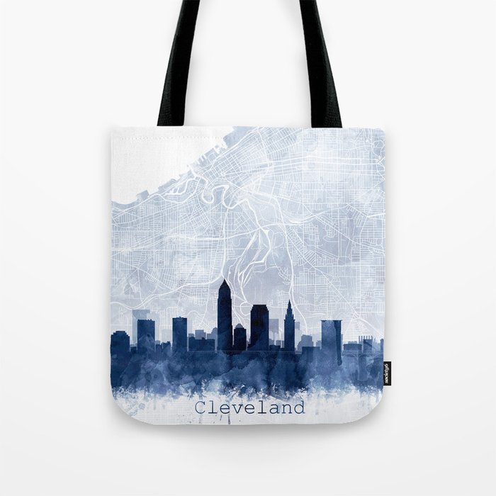 Cleveland Skyline & Map Watercolor Navy Blue, Print by Zouzounio Art Tote Bag