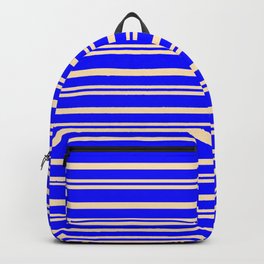 [ Thumbnail: Beige and Blue Colored Stripes Pattern Backpack ]