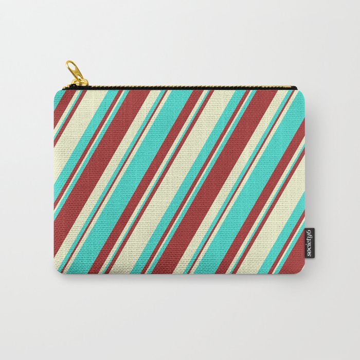 Brown, Light Yellow, and Turquoise Colored Lined Pattern Carry-All Pouch