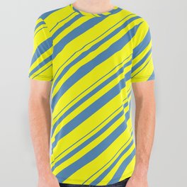 [ Thumbnail: Blue and Yellow Colored Striped Pattern All Over Graphic Tee ]