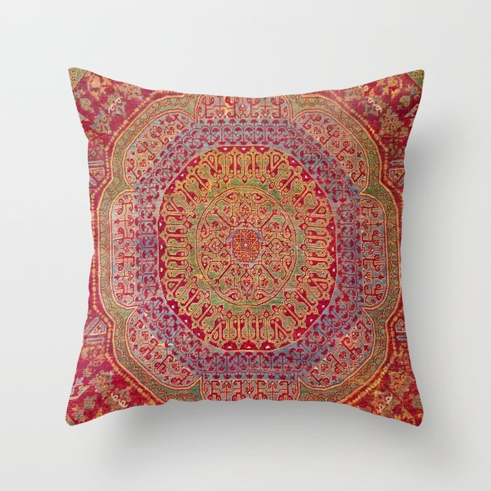 Bohemian Medallion VIII // 15th Century Old Distressed Red Green Coloful Ornate Accent Rug Pattern Throw Pillow