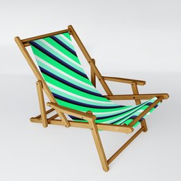 [ Thumbnail: Eyecatching Green, White, Aquamarine, Midnight Blue & Black Colored Stripes Pattern Sling Chair ]